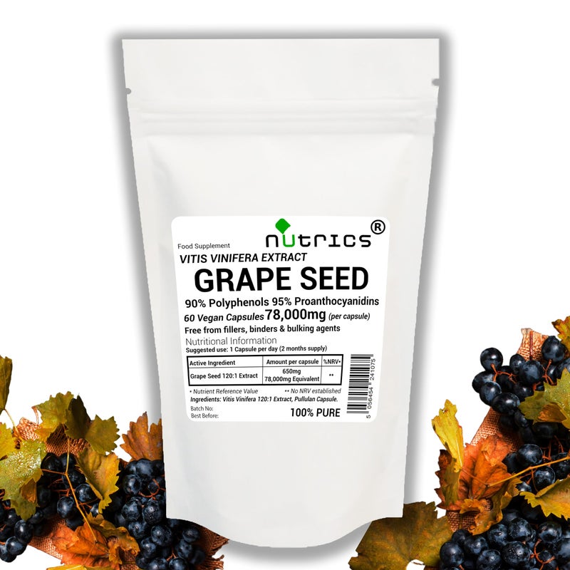 NutricsÂ® 78,000mg (per Capsule) Grape Seed Extract 60 V Capsules (2 Months Supply) 120:1 95% Proanthocyanidins 90% Polyphenols - Pure Grapeseed (60)